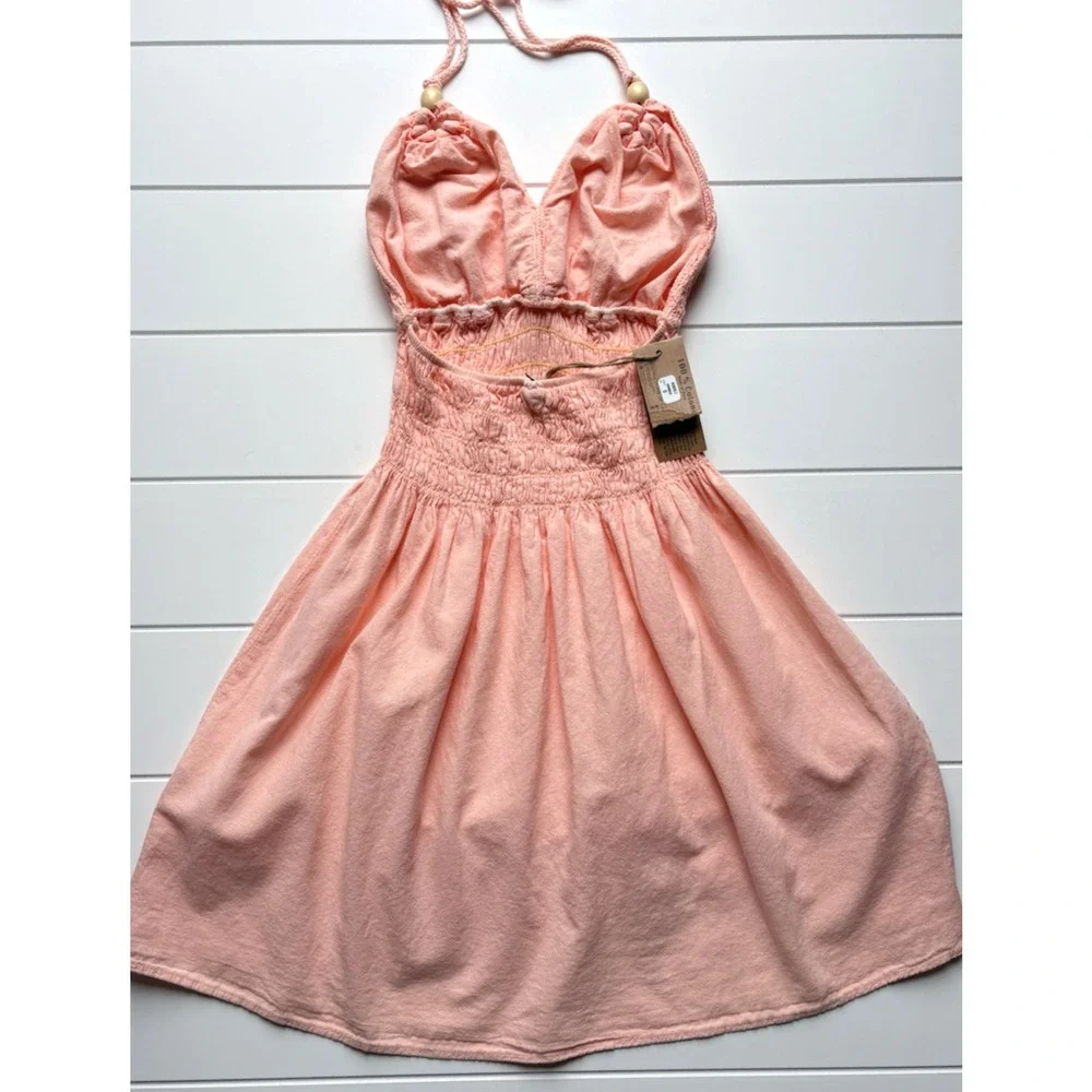 Blanco Coral Pink Crochet Lace Halter Mini Dress Size S Smocked Boho Cottagecore - Picture 5 of 12